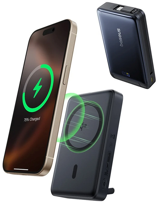 Baseus Nomos 10000mAh 30W Qi2 Power Bank su MagSafe suderinamu stoveliu ir integruotu USB-C kabeliu - juodas