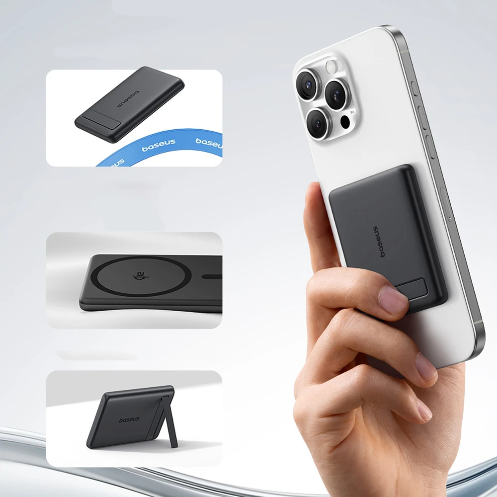 Baseus PicoGo AM31 Qi2 5000 mAh 20 W „MagSafe“ suderinamas išorinis akumuliatorius su stovu (su juodu paprastu pintų USB-C – USB-C 30 cm laidu) – juodas