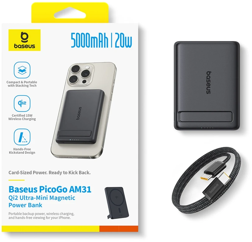 Baseus PicoGo AM31 Qi2 5000 mAh 20 W „MagSafe“ suderinamas išorinis akumuliatorius su stovu (su juodu paprastu pintų USB-C – USB-C 30 cm laidu) – juodas