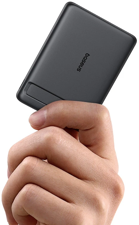 Baseus PicoGo AM31 Qi2 5000 mAh 20 W „MagSafe“ suderinamas išorinis akumuliatorius su stovu (su juodu paprastu pintų USB-C – USB-C 30 cm laidu) – juodas