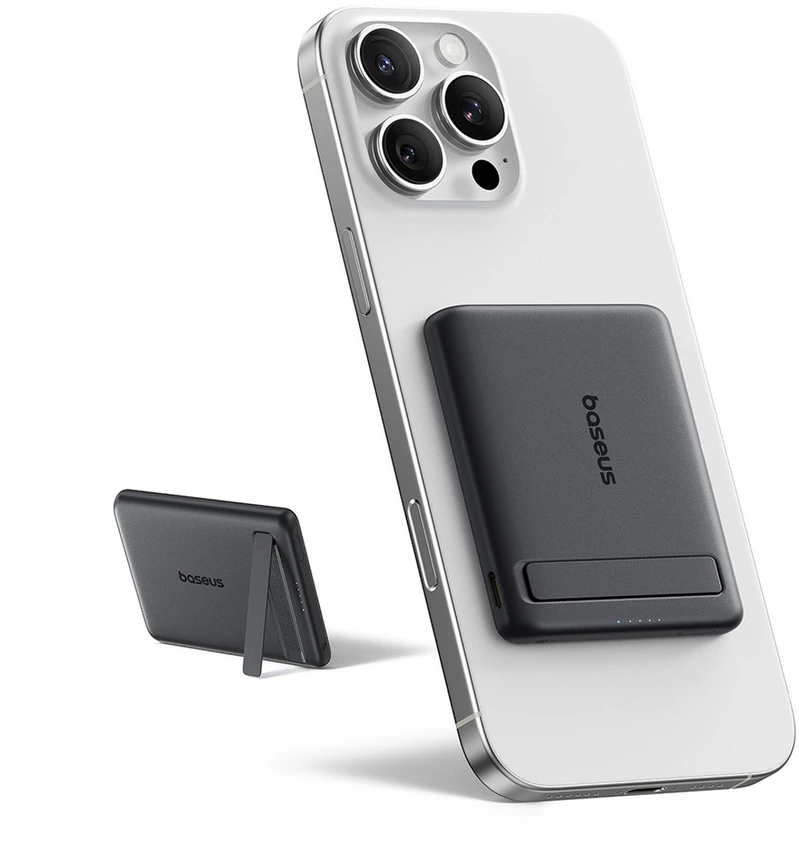 Baseus PicoGo AM31 Qi2 5000 mAh 20 W „MagSafe“ suderinamas išorinis akumuliatorius su stovu (su juodu paprastu pintų USB-C – USB-C 30 cm laidu) – juodas