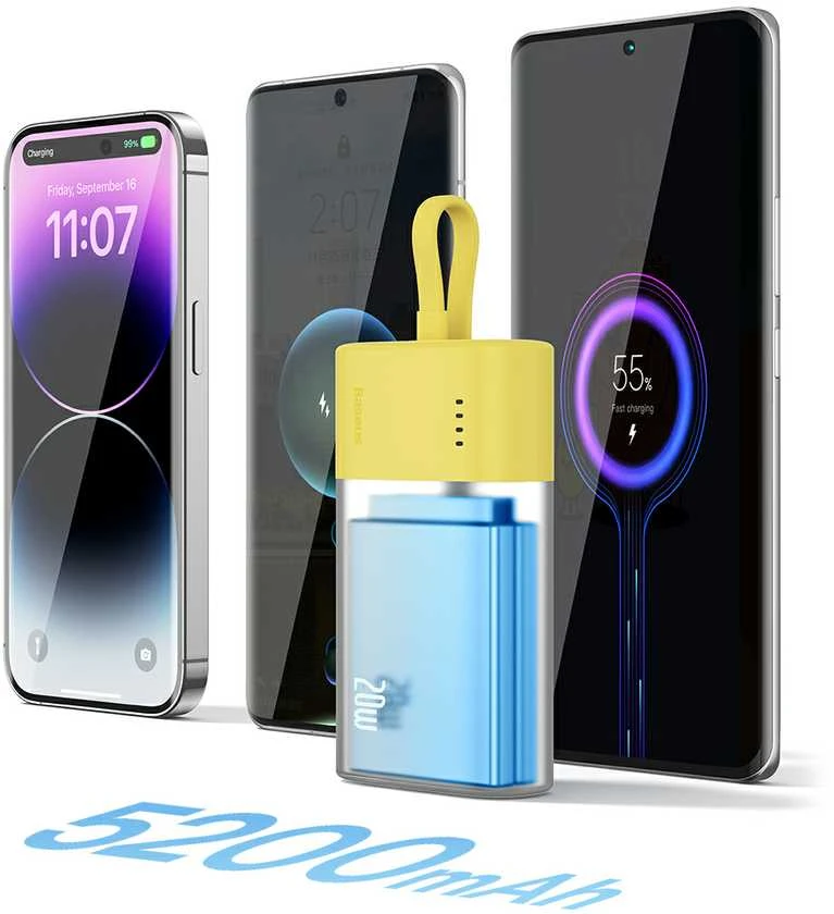 Baseus Popsicle 5200mAh 20W Powerbank with Built-in Lightning kabelis (+ Baltas Baseus Simple USB-C - USB-C 60W/20V/3A/30cm kabelis) - geltona-rožinė