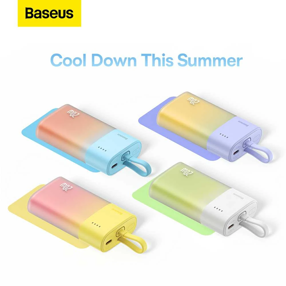 Baseus Popsicle 5200mAh 20W Powerbank with Built-in Lightning kabelis (+ Baltas Baseus Simple USB-C - USB-C 60W/20V/3A/30cm kabelis) - geltona-rožinė