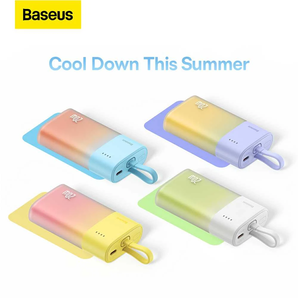 Baseus Popsicle 5200mAh 20W Powerbank su įmontuotu Lightning kabeliu (+ Baltas Baseus Simple USB-C - USB-C 60W/20V/3A/30cm kabelis) - balta-žalia