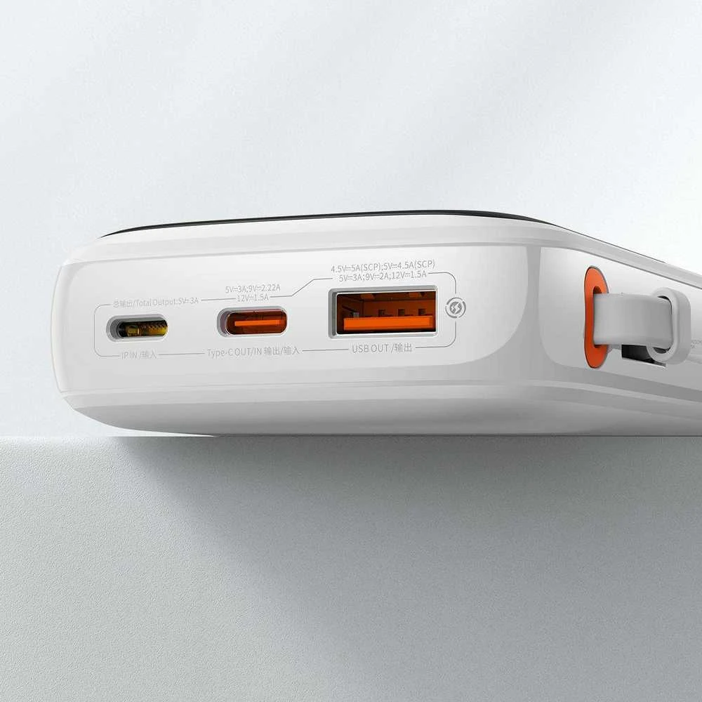 Powerbank Baseus Qpow PRO su kabeliu, 10000mAh, 22.5W (balta)