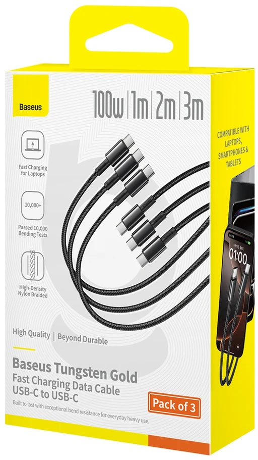 Ausinės Baseus Tungsten Auksinė 100 W USB-C laidų rinkinys – USB-C 1 m, 2 m, 3 m – juodas