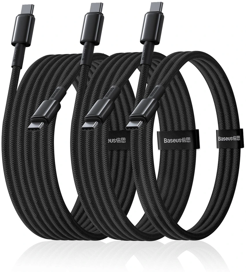 Ausinės Baseus Tungsten Auksinė 100 W USB-C laidų rinkinys – USB-C 1 m, 2 m, 3 m – juodas