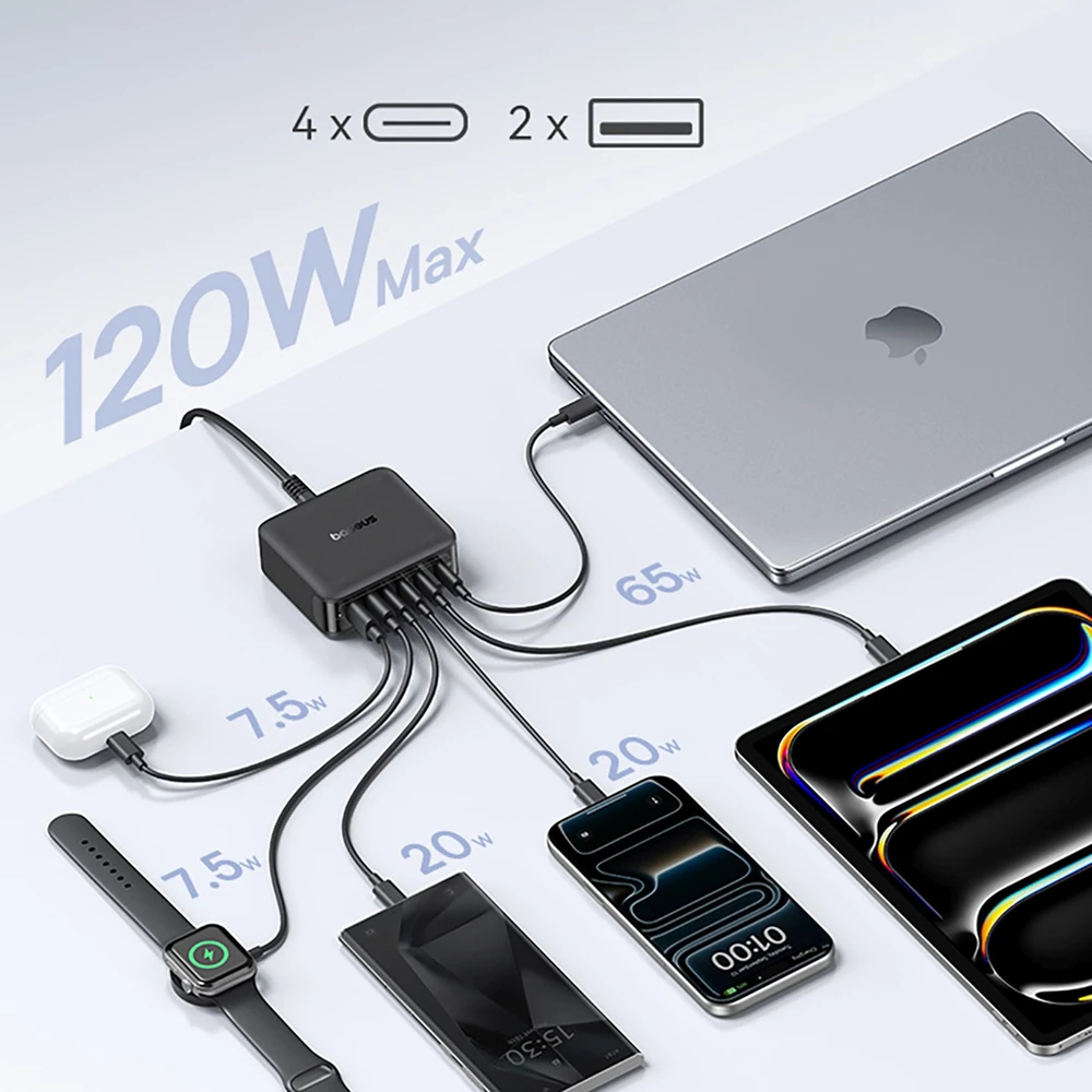 Baseus Įkrovimo stotelė EnerFill FH21 120W 2xUSB-A + 4xUSB-C 1.5m, juoda