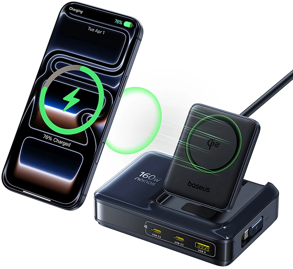 „Baseus Nomos NH21 Qi2 160W 5in1“ belaidis ausinės su ištraukiamu laidu - juoda