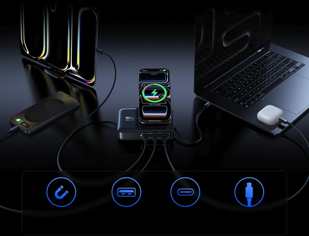 „Baseus Nomos NH21 Qi2 160W 5in1“ belaidis ausinės su ištraukiamu laidu - juoda