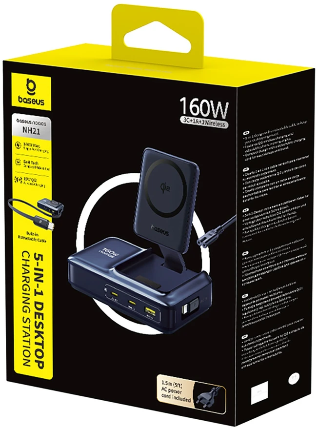 „Baseus Nomos NH21 Qi2 160W 5in1“ belaidis ausinės su ištraukiamu laidu - juoda