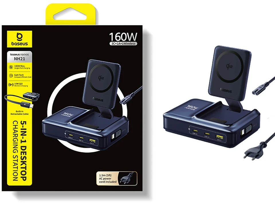 „Baseus Nomos NH21 Qi2 160W 5in1“ belaidis ausinės su ištraukiamu laidu - juoda