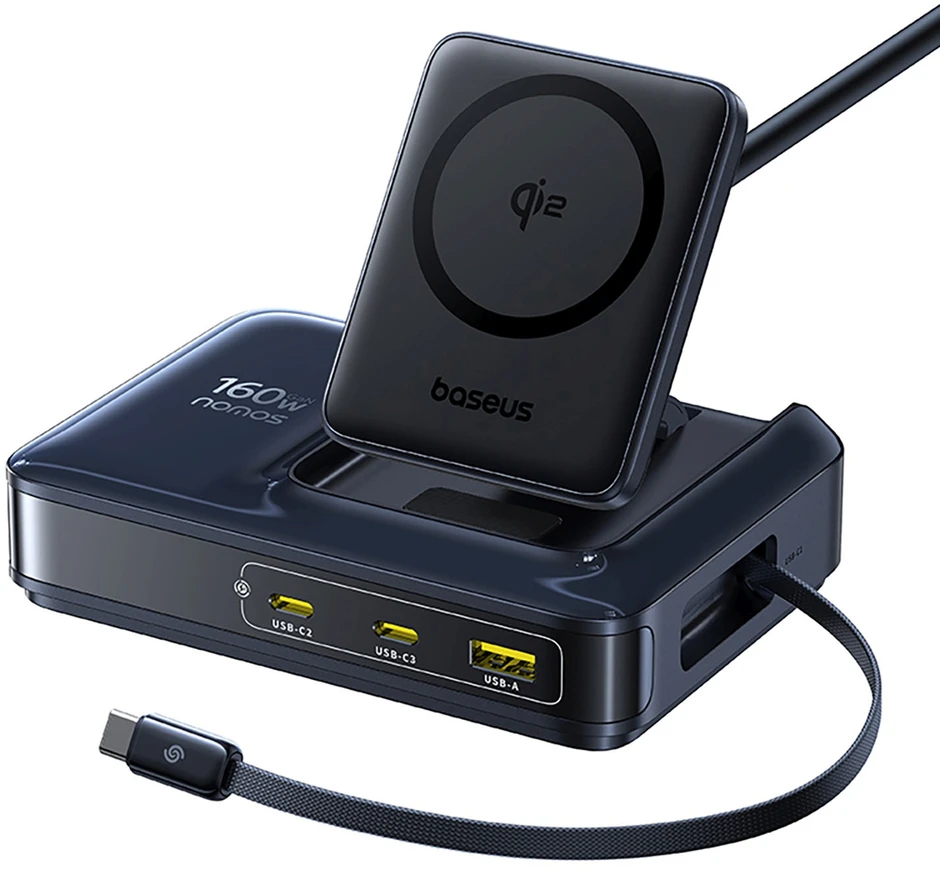 „Baseus Nomos NH21 Qi2 160W 5in1“ belaidis ausinės su ištraukiamu laidu - juoda