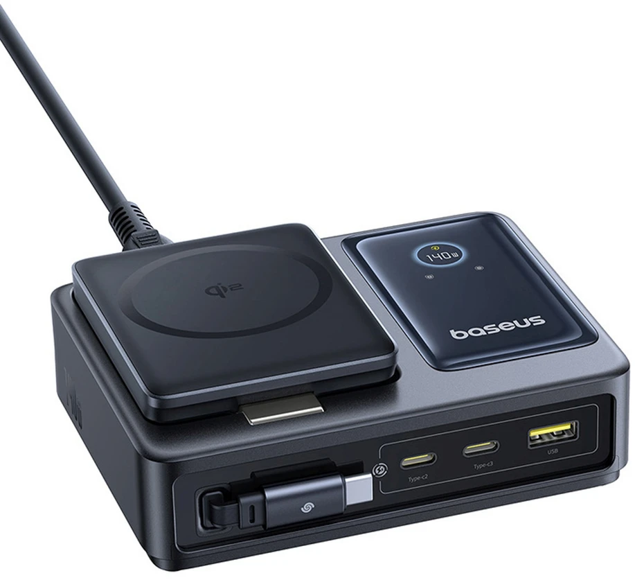 „Baseus NOMOS 140W Qi2 5in1“ belaidis ausinukas su ištraukiamu USB-C laidu ir skaitmeniniu ekranu – juoda