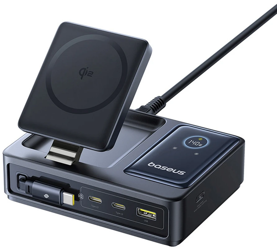 „Baseus NOMOS 140W Qi2 5in1“ belaidis ausinukas su ištraukiamu USB-C laidu ir skaitmeniniu ekranu – juoda