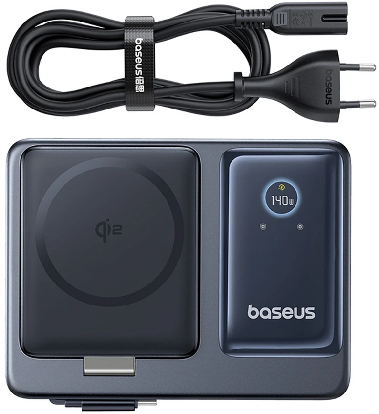 „Baseus NOMOS 140W Qi2 5in1“ belaidis ausinukas su ištraukiamu USB-C laidu ir skaitmeniniu ekranu – juoda