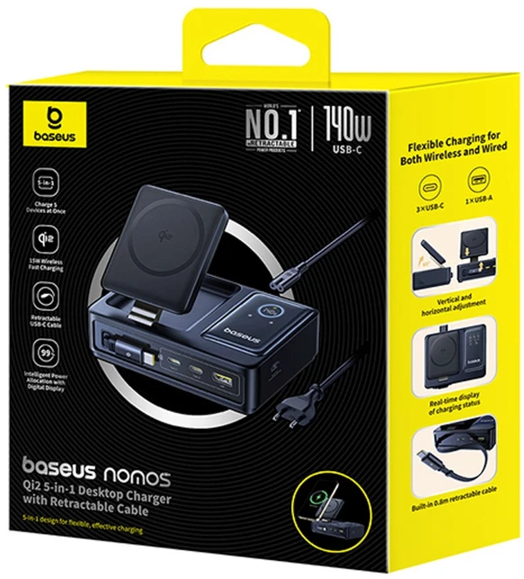 „Baseus NOMOS 140W Qi2 5in1“ belaidis ausinukas su ištraukiamu USB-C laidu ir skaitmeniniu ekranu – juoda