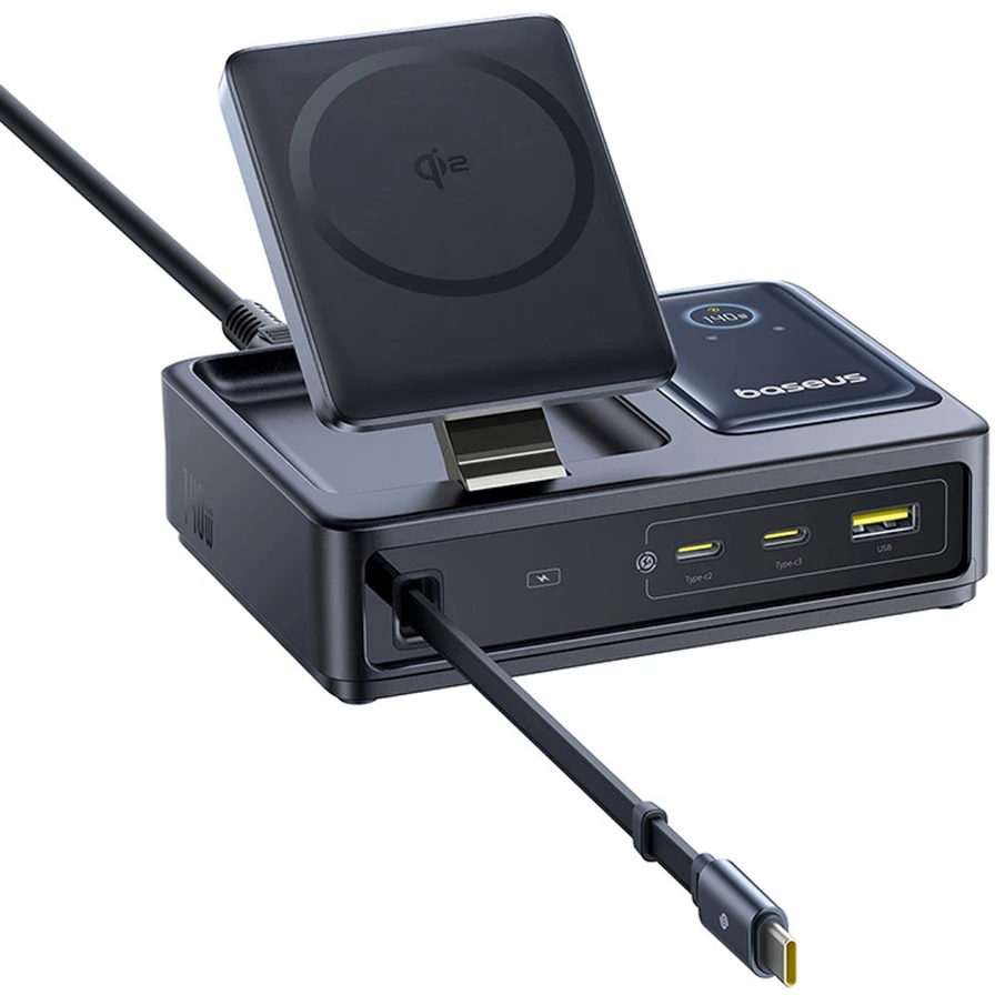 „Baseus NOMOS 140W Qi2 5in1“ belaidis ausinukas su ištraukiamu USB-C laidu ir skaitmeniniu ekranu – juoda