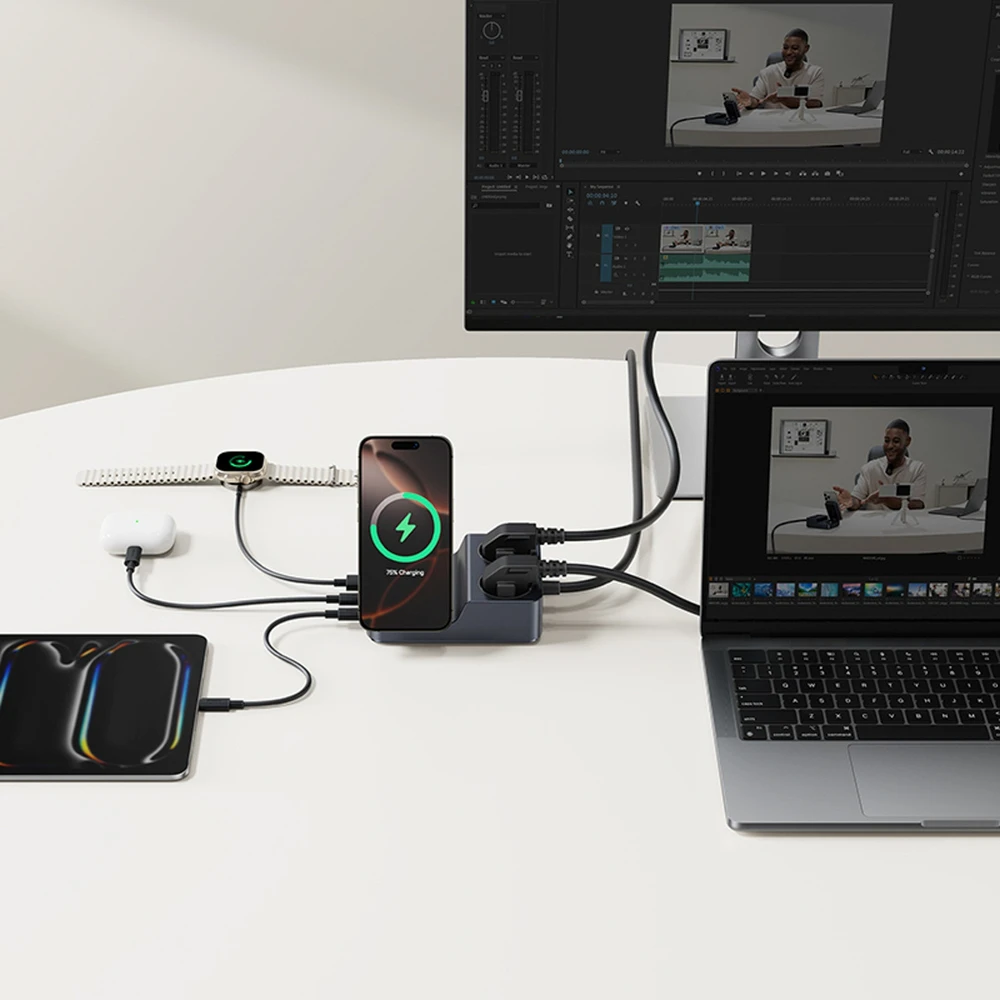 Baseus NOMOS ND11 67W 6-in-1 belaidžio įkrovimo stotelė su dviem AC lizdais - Juoda