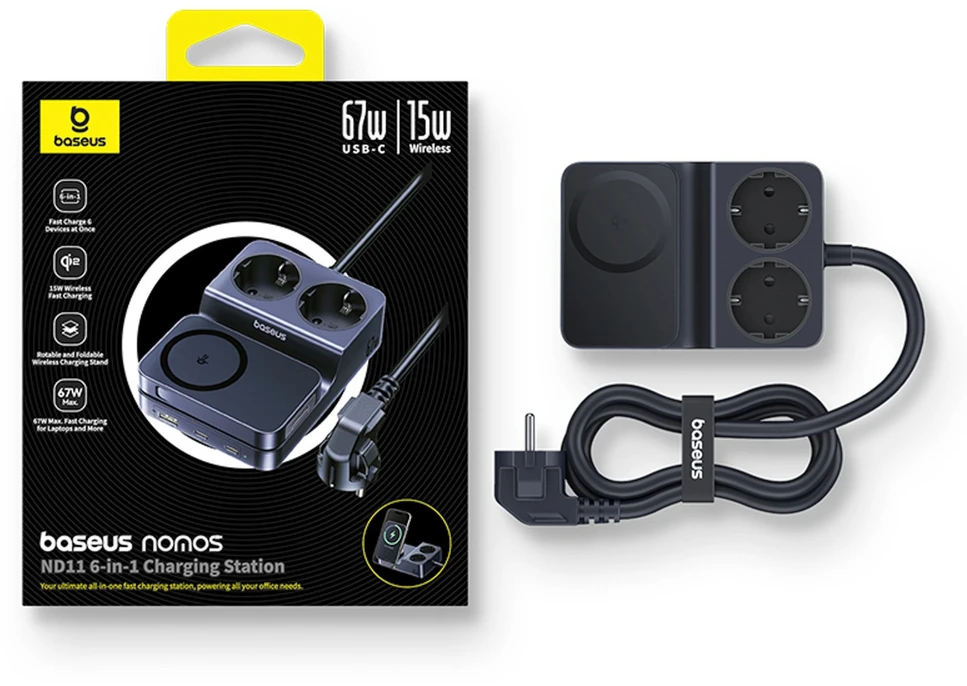 Baseus NOMOS ND11 67W 6-in-1 belaidžio įkrovimo stotelė su dviem AC lizdais - Juoda