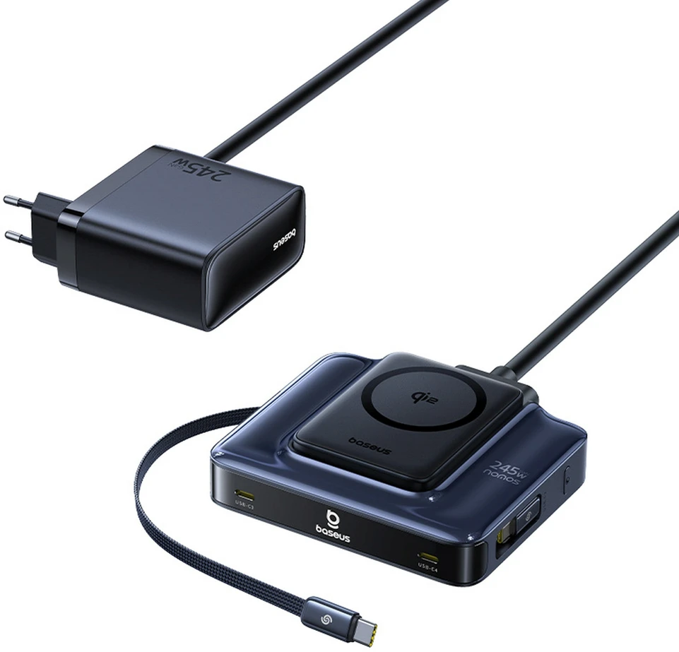 „Baseus Nomos NH21 6in1“ 245 W belaidė įkrovimo stotelė su dviem ištraukiamais USB-C laidais - juoda