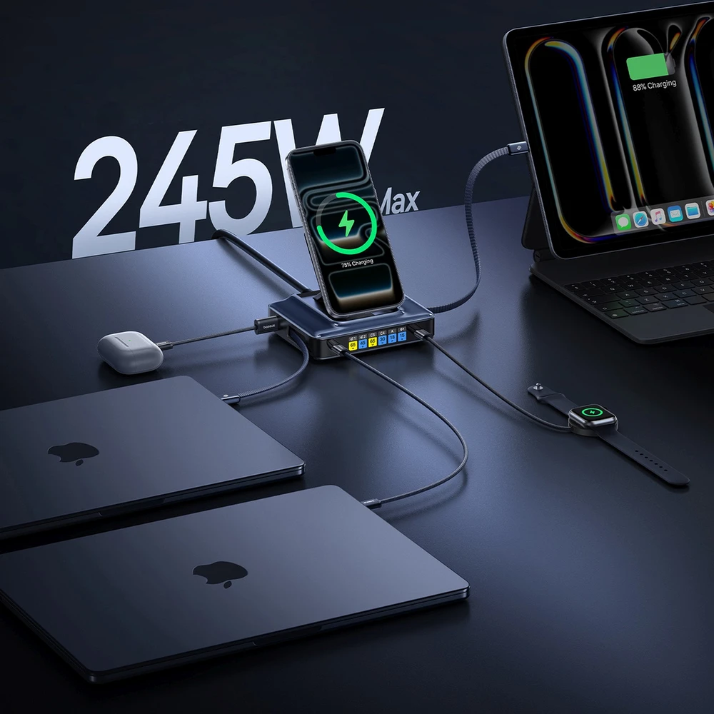 „Baseus Nomos NH21 6in1“ 245 W belaidė įkrovimo stotelė su dviem ištraukiamais USB-C laidais - juoda