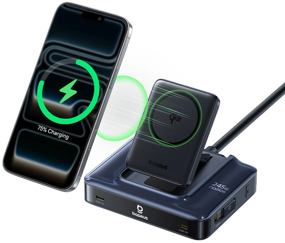 „Baseus Nomos NH21 6in1“ 245 W belaidė įkrovimo stotelė su dviem ištraukiamais USB-C laidais - juoda