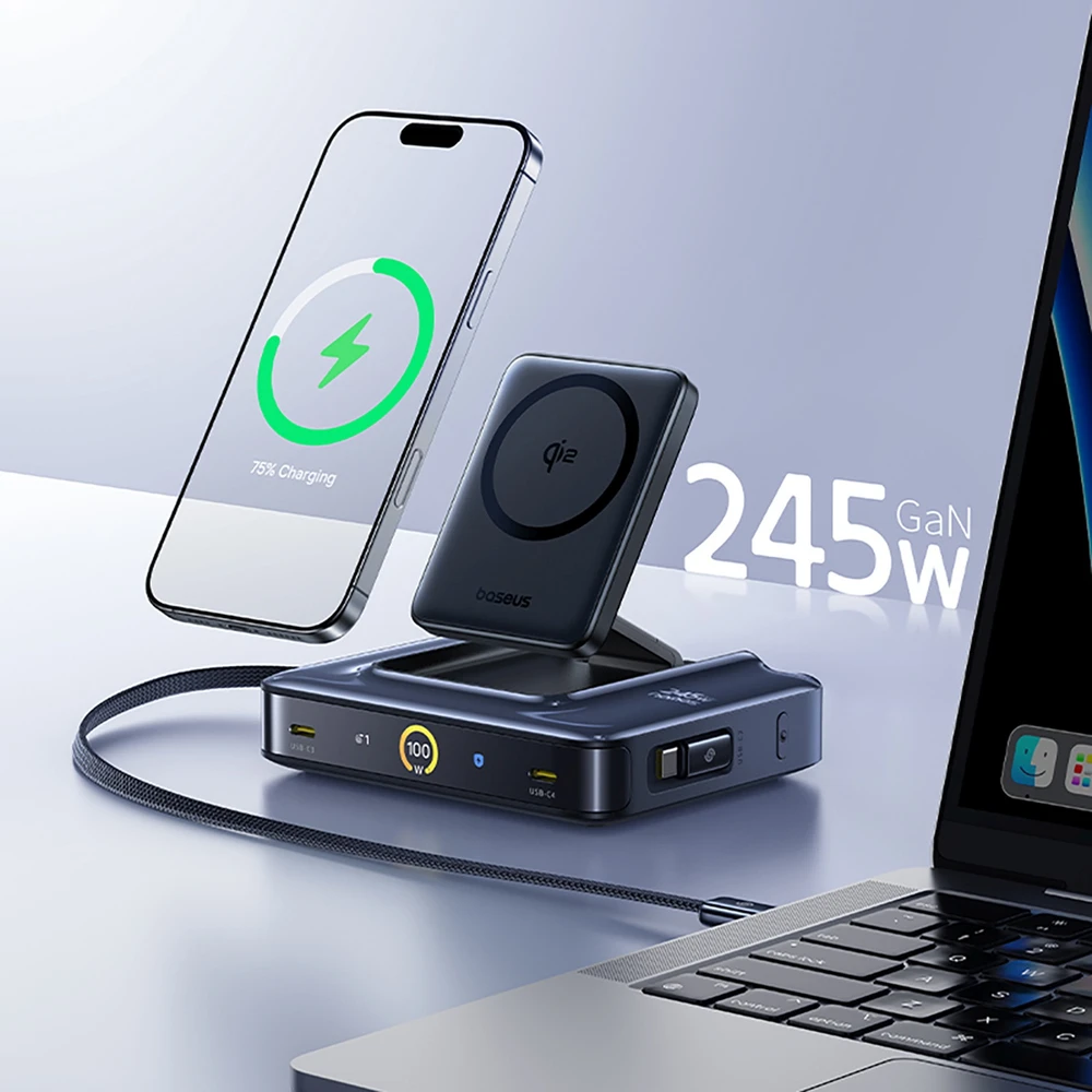 „Baseus Nomos NH21 6in1“ 245 W belaidė įkrovimo stotelė su dviem ištraukiamais USB-C laidais - juoda