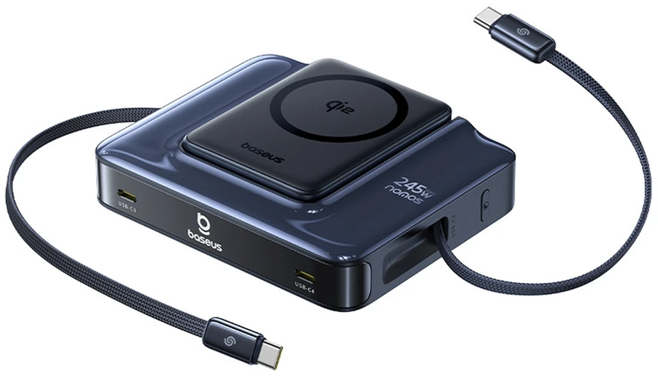 „Baseus Nomos NH21 6in1“ 245 W belaidė įkrovimo stotelė su dviem ištraukiamais USB-C laidais - juoda