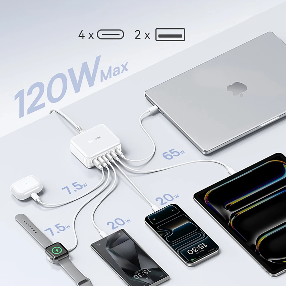 „Baseus EnerFill FH21“ 120 W įkrovimo stotelė, 4xUSB-C + 2xUSB-A - balta