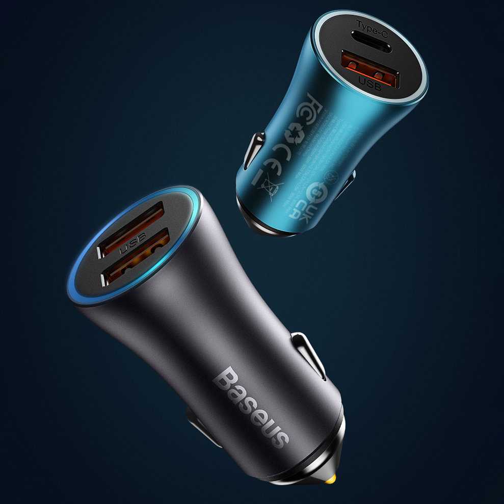 Automobilinis įkroviklis Baseus Golden Contactor Max USB + USB-C 60W - pilkas