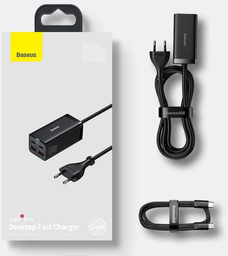 Baseus GaN3 Pro greitas universalus įkroviklis GaN 2 x C tipo USB / 2x USB 100W PD3.0, QC4.0+, AFC, juodas (CCGP000101)
