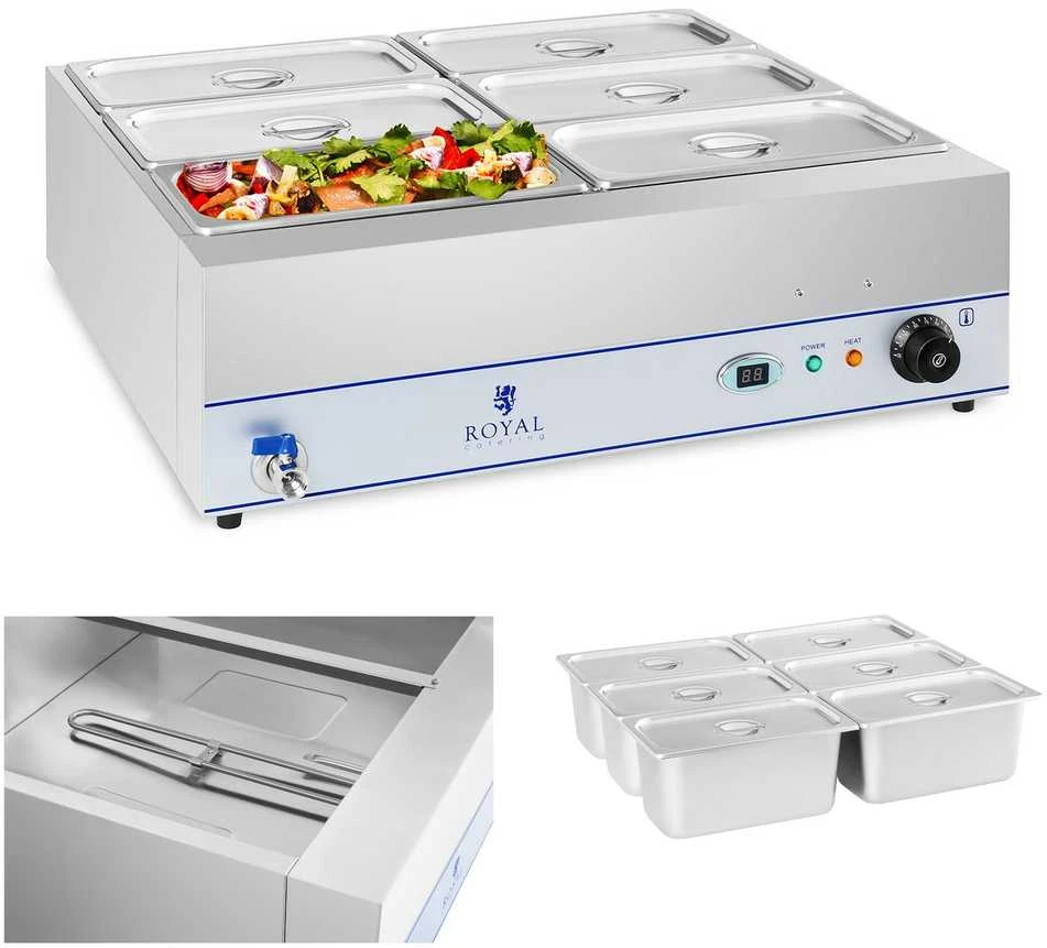 Bain marie vandens šildytuvas su čiaupu 6 x GN 1/3 2000W 230V Royal Catering