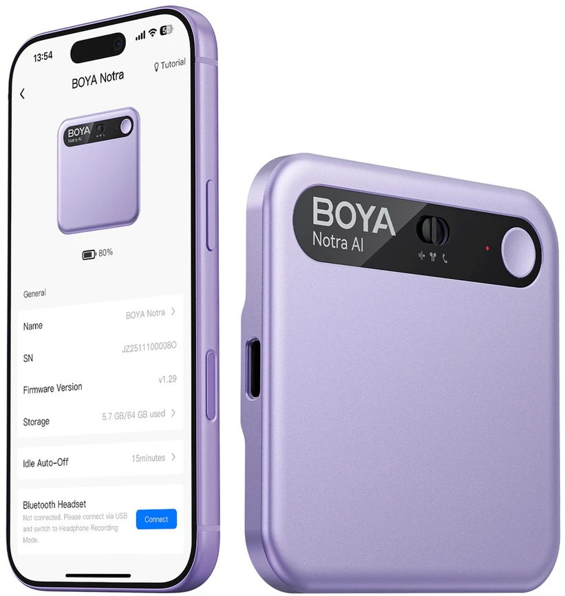 Diktofonas BOYA Notra Voice Recorder with AI Transcription - Violetinė