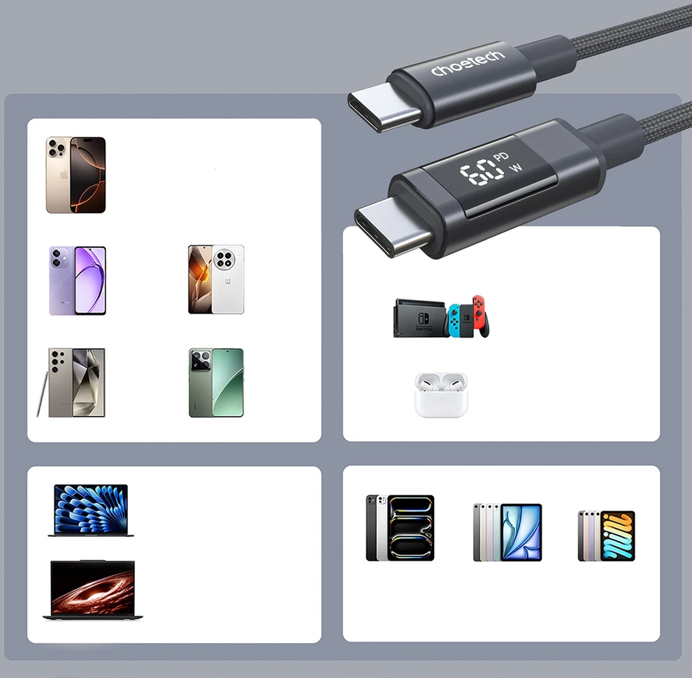 Choetech XCC-1068 PD 60W USB-C - USB-C Cable with Ekranas 1.2 m - Juodas