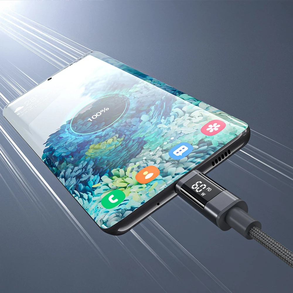 Choetech XCC-1068 PD 60W USB-C - USB-C Cable with Ekranas 1.2 m - Juodas