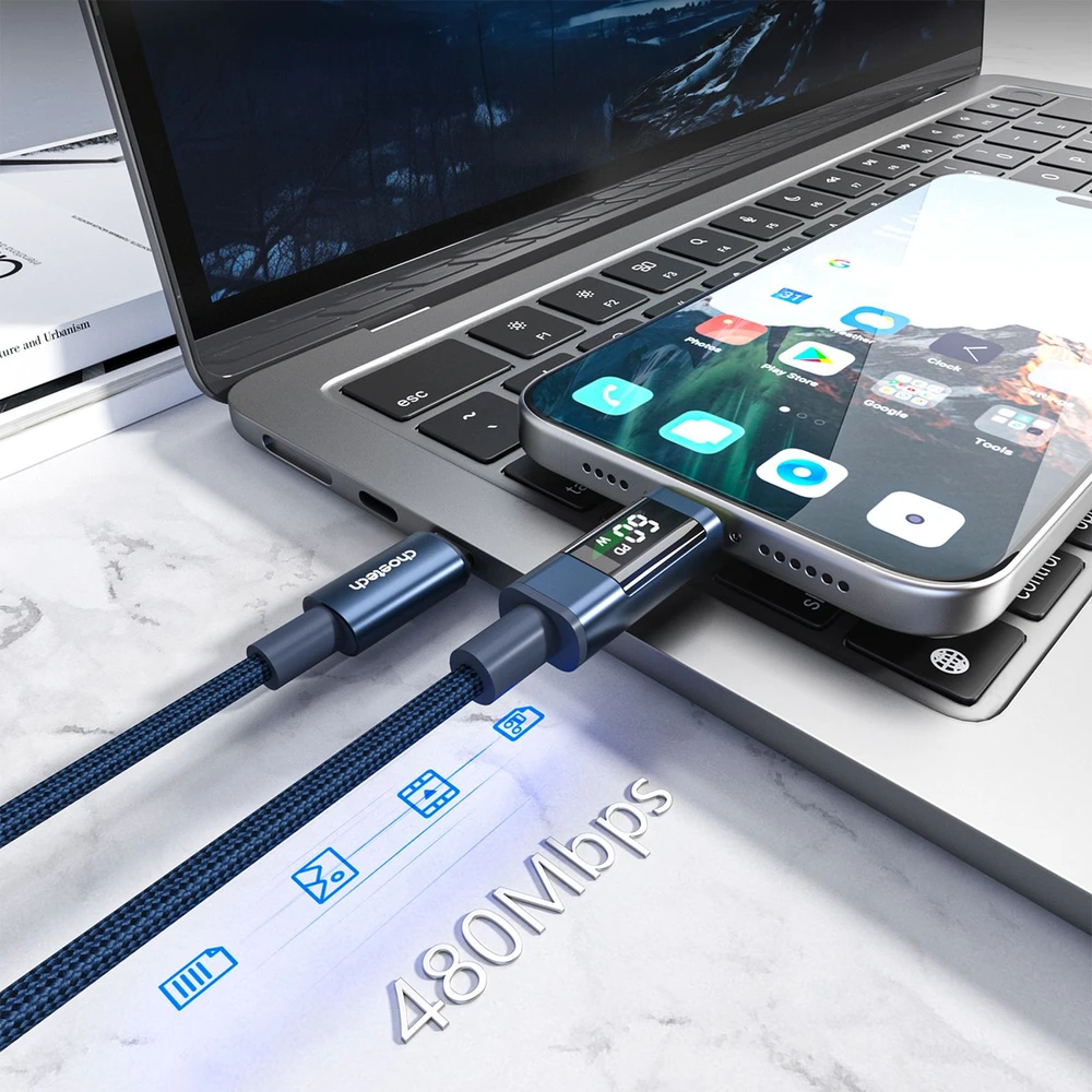 Choetech XCC-1068 PD 60W USB-C - USB-C Cable with Ekranas 1.2 m - Mėlyna