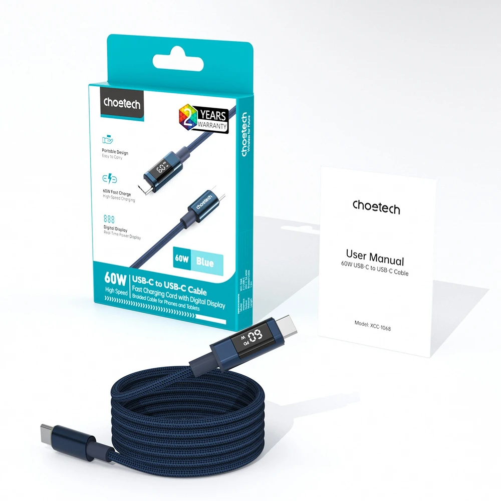Choetech XCC-1068 PD 60W USB-C - USB-C Cable with Ekranas 1.2 m - Mėlyna