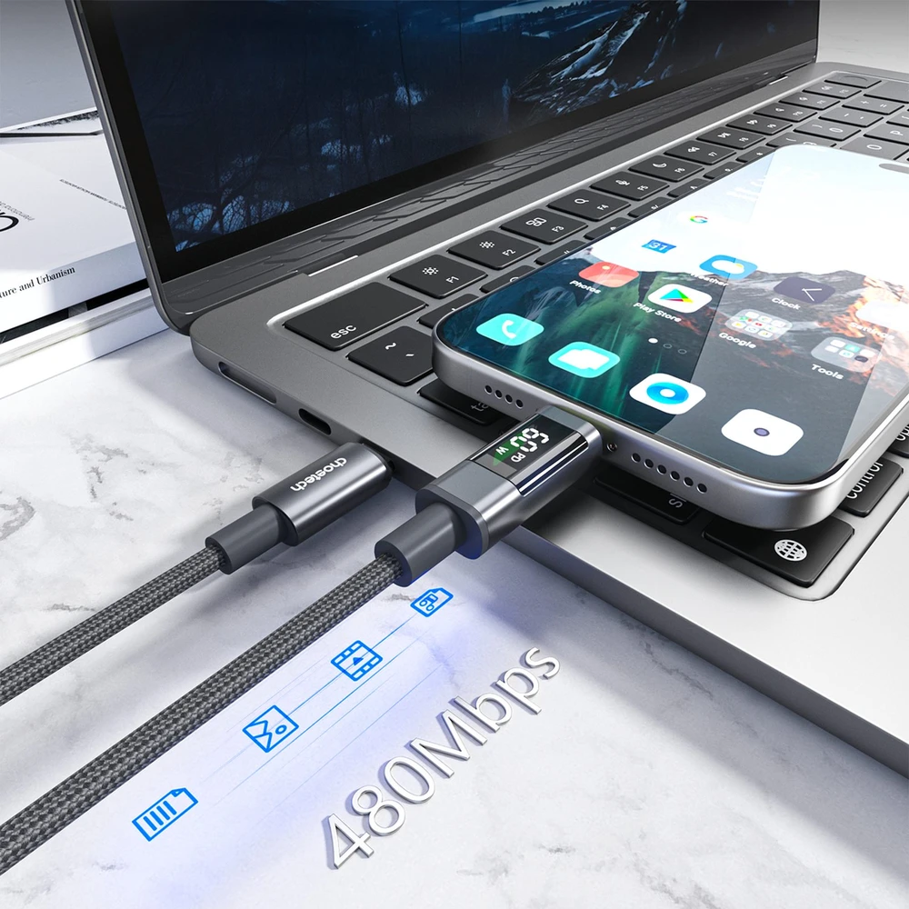 Choetech XCC-1068 PD 60W USB-C - USB-C Cable with Ekranas 1.2 m - Juodas