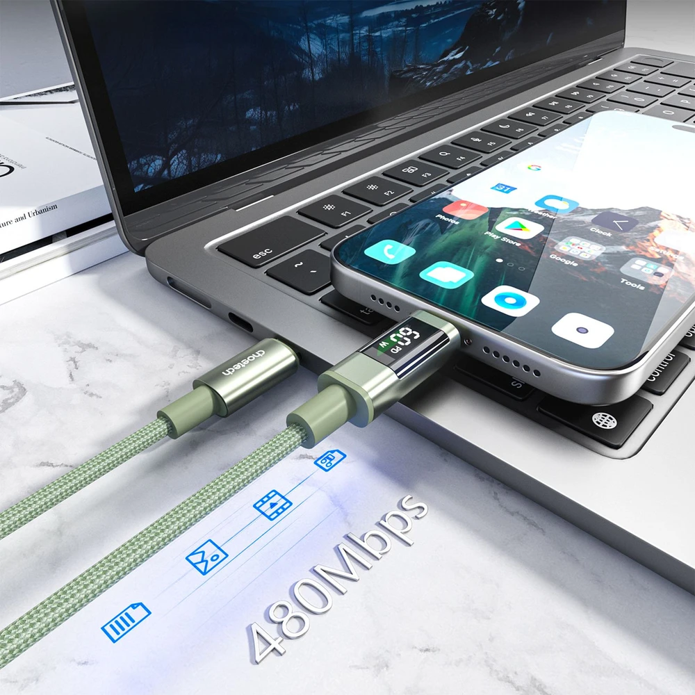 Choetech XCC-1068 PD 60W USB-C - USB-C Cable with Ekranas 1.2 m - Žalias