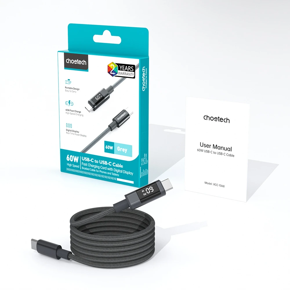 Choetech XCC-1068 PD 60W USB-C - USB-C Cable with Ekranas 1.2 m - Juodas
