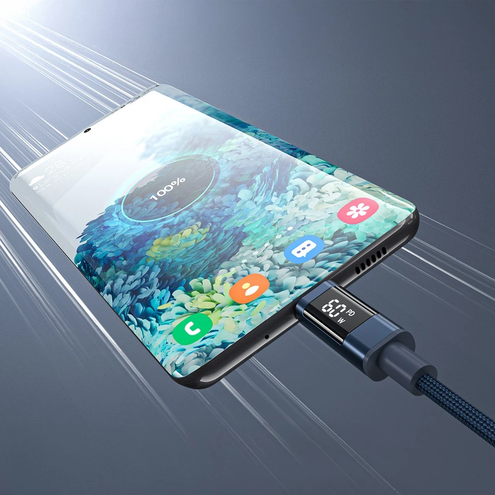 Choetech XCC-1068 PD 60W USB-C - USB-C Cable with Ekranas 1.2 m - Mėlyna