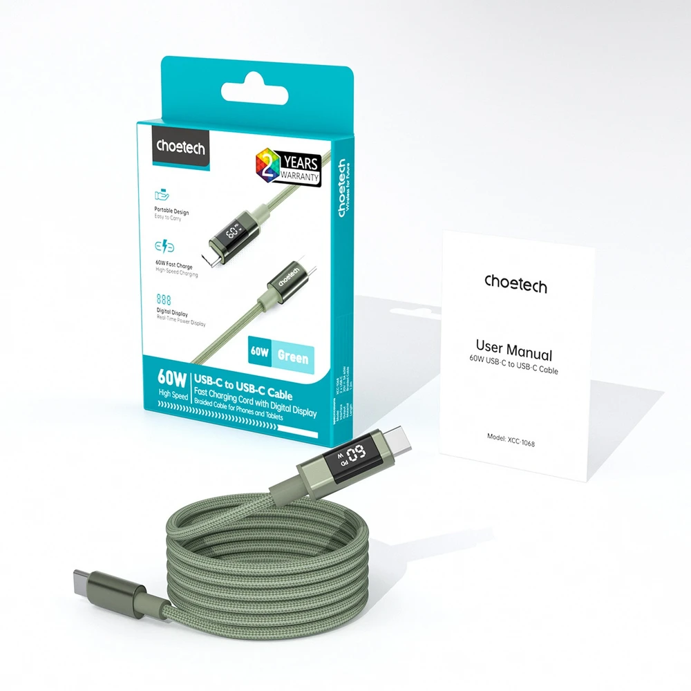 Choetech XCC-1068 PD 60W USB-C - USB-C Cable with Ekranas 1.2 m - Žalias