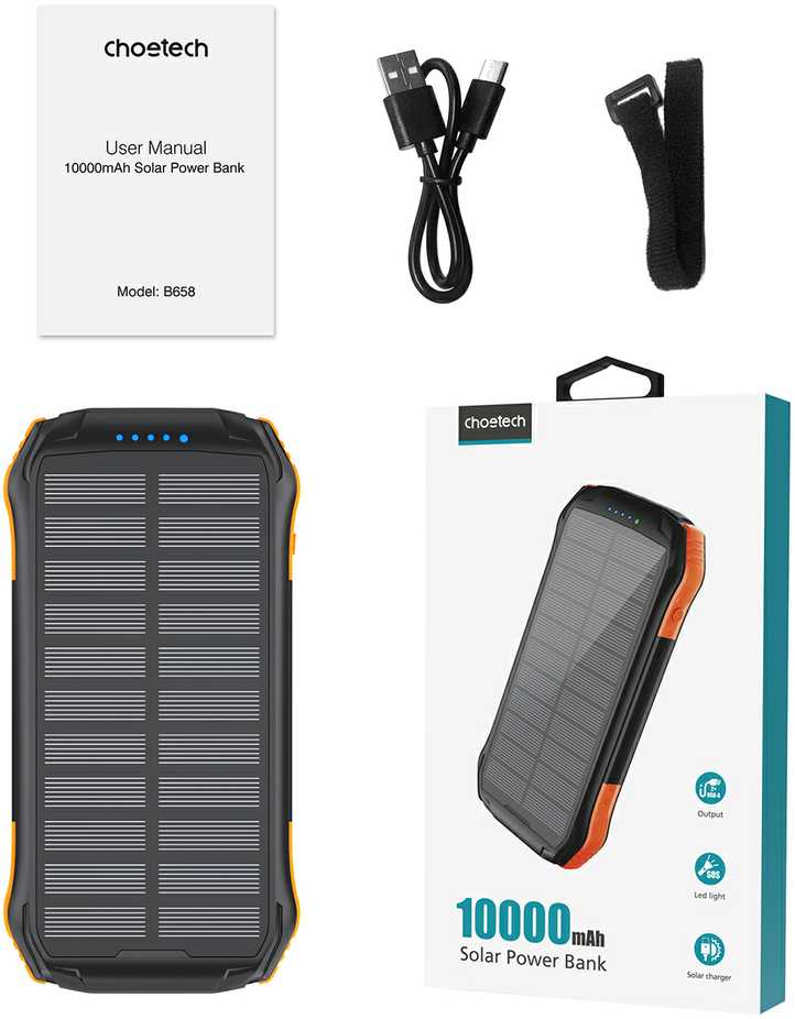 Išorinė baterija su saulės įkrovimu CHOETECH, 10000mAh, 2xUSB
