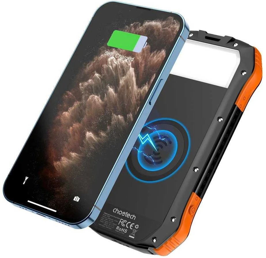 Choetech B659 Solar Power Bank su indukciniu įkrovimu 2x USB 10000mAh Qi 5W - juoda - oranžinė