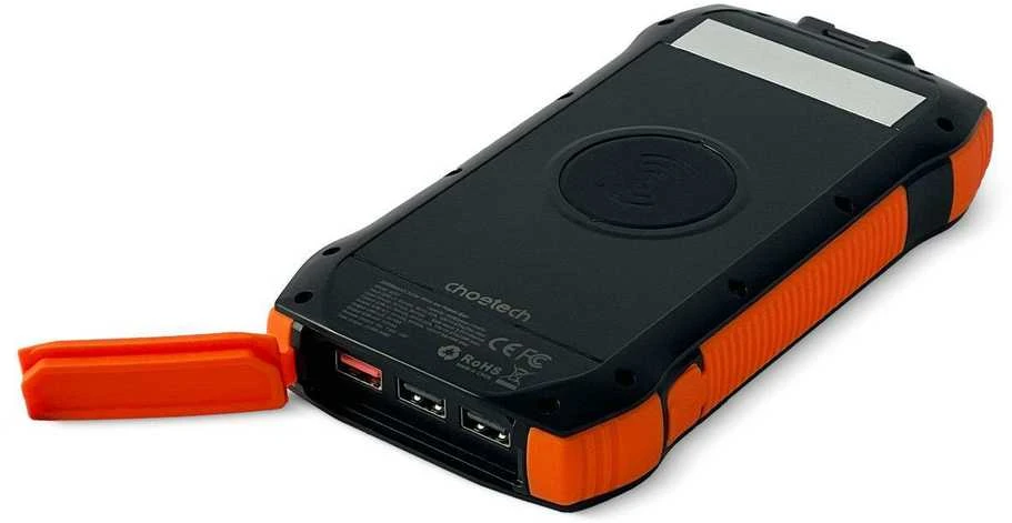 Choetech B567 saulės energijos blokas su indukciniu įkrovimu 3x USB 20000mAh 20W / QC 18W / Qi 10W (juodai oranžinė)