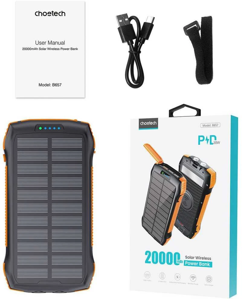 Choetech B567 saulės energijos blokas su indukciniu įkrovimu 3x USB 20000mAh 20W / QC 18W / Qi 10W (juodai oranžinė)