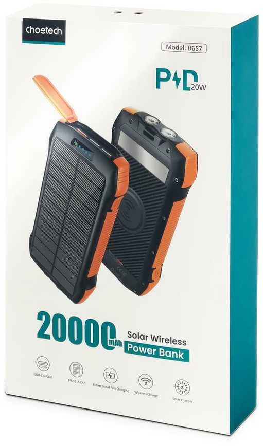 Choetech B567 saulės energijos blokas su indukciniu įkrovimu 3x USB 20000mAh 20W / QC 18W / Qi 10W (juodai oranžinė)