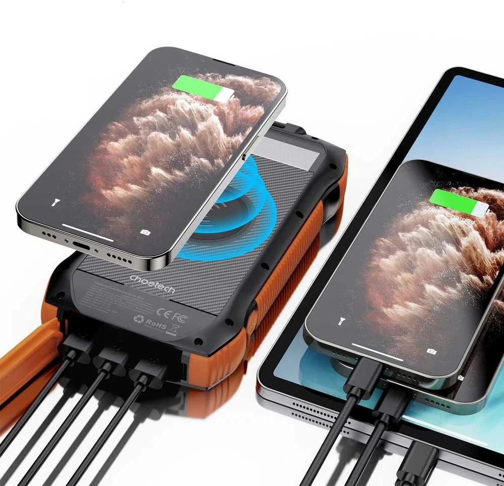 Choetech B567 saulės energijos blokas su indukciniu įkrovimu 3x USB 20000mAh 20W / QC 18W / Qi 10W (juodai oranžinė)