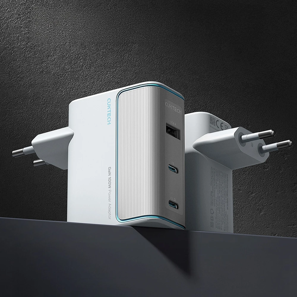 Cuktech AD1003EU 100W GaN 2x USB-C + USB-A sieninis įkroviklis su laidu - Baltas